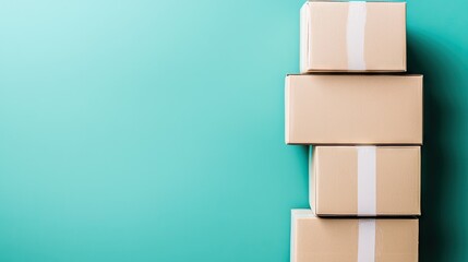 Obraz premium Stacked cardboard boxes against teal background. Possible use for shipping or packaging