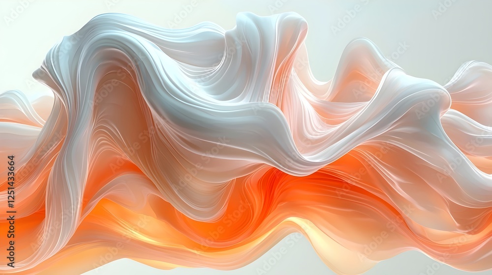 Poster an abstract composition featuring flowing, wavy patterns in shades of white and soft orange, creatin