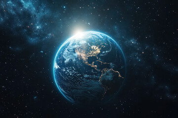 Obraz premium Earth suspended in space, surrounded by stars and shimmering nebulas, showcasing the beauty of the universe in a mesmerizing cosmic display.