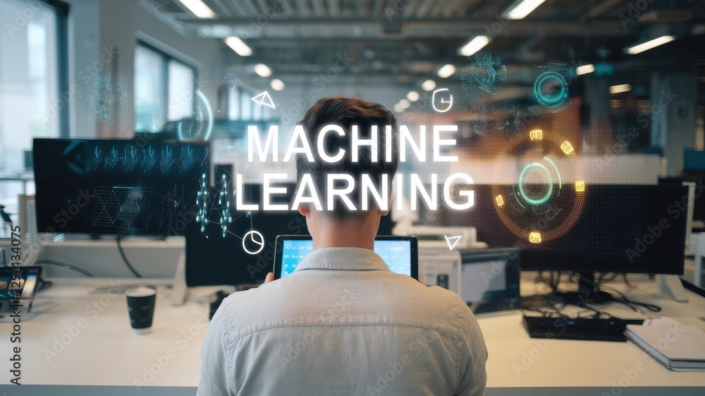 Aufkleber machine learning: a tech professional working on ai in a modern office