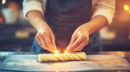 Baker shaping pastry dough in kitchen, warm lights