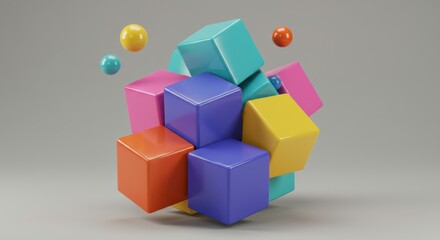 Obraz premium Colorful Cubes Abstract: A vibrant cluster of glossy cubes in assorted colors, playfully interacting with floating spheres, creating a dynamic and visually engaging abstract composition. 