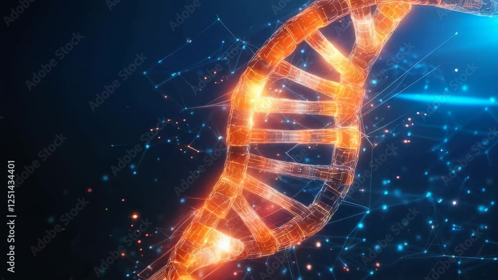 Poster glowing dna double helix rotates slowly against a blue background with network connections and parti