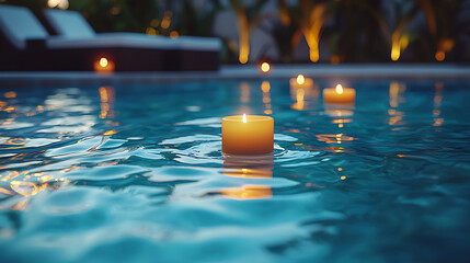 Floating candle in swimming pool at luxury spa resort creating serene evening ambiance with reflective water