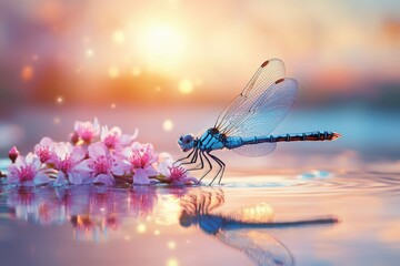 Dragonfly Perched on Delicate Blossoms by Tranquil Water at Sunset