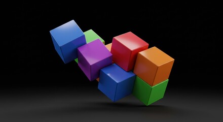 Obraz premium Colorful Cubes Abstract: A captivating abstract composition of vibrant, glossy cubes arranged in a dynamic, interconnected cluster against a dark background. The image evokes a sense of creativity.