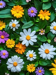 Vibrant floral tapestry of colorful daisies and lush green foliage in a natural garden setting