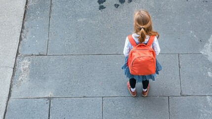 Fototapeta premium On the sidewalk. Schoolgirl with backpack is outdoors
