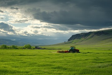 Fototapeta premium Peaceful Landscape with Tractor Working in Lush Green Field