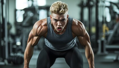 Fototapeta premium Muscular Man Intensely Lifting Weights In Gym