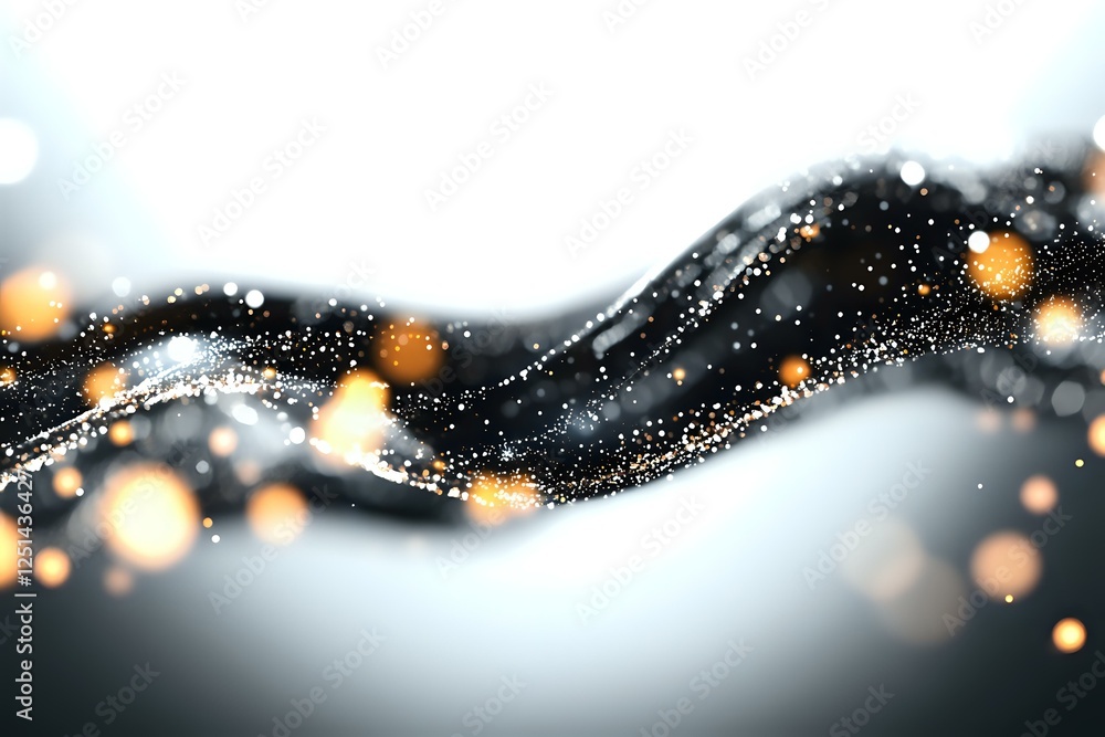 Aufkleber abstract flowing waves with golden bokeh lights and glitter on dark background, creating magical atm