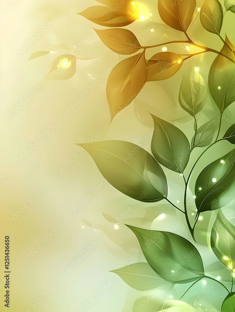 Poster a serene background featuring delicate green and gold leaves with a soft glow, creating a calming an