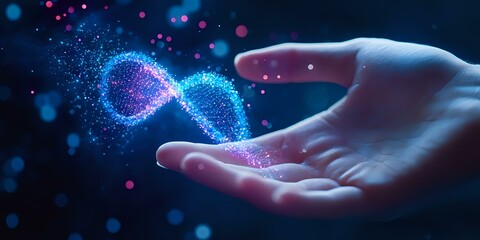 Glowing DNA helix floating above open palm with blue and purple particle effects against dark background, representing genetic research and biotechnology advancement.