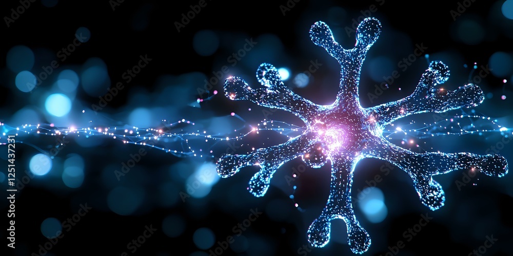 Aufkleber glowing blue neuron cell with dendrites on dark background with bokeh lights, scientific visualizati