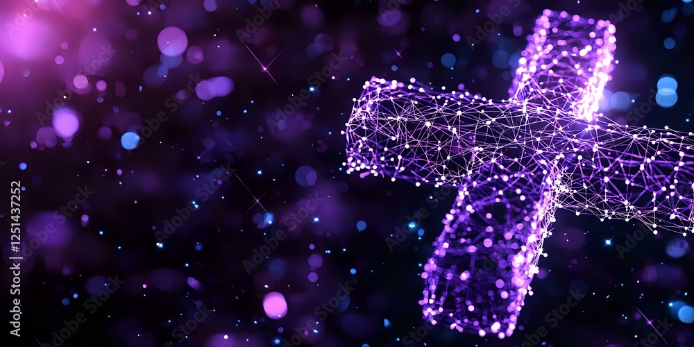 Poster glowing purple cross made of connected dots and lines on dark background with bokeh effects and ligh