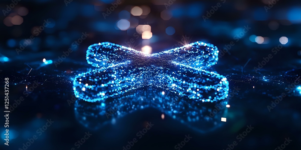 Aufkleber glowing blue dna strand with particle effects on dark background, chromosome structure illuminated b