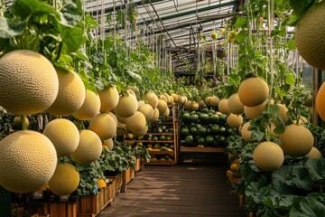 Lush Greenhouse with Hanging Melons and Watermelons in Natural Light
