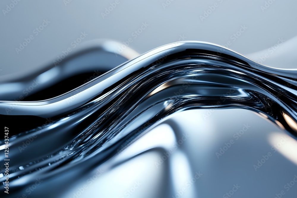 Poster smooth flowing liquid metal waves create dynamic abstract pattern in silver and blue tones, featurin