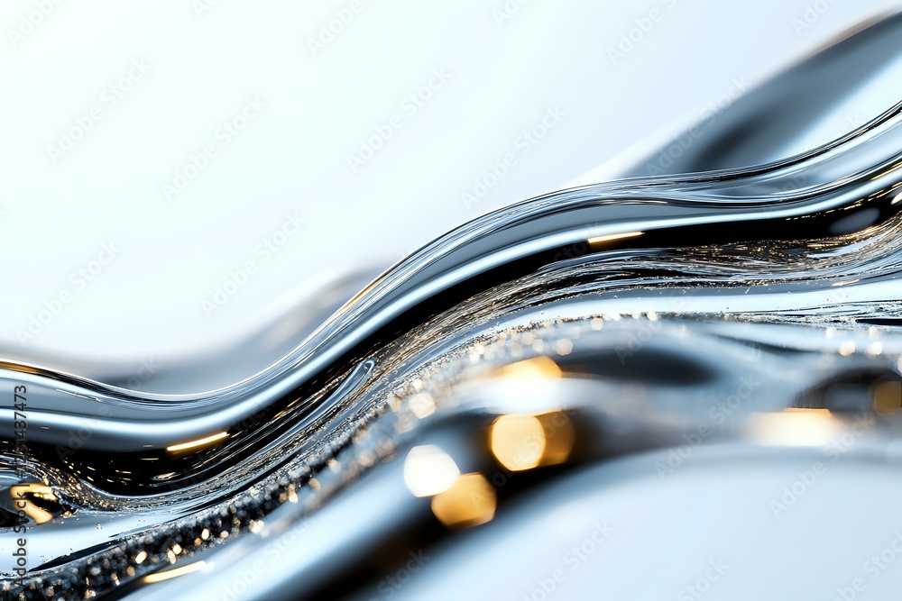 Poster abstract flowing liquid waves in black and silver with golden light bokeh effects create dynamic lux