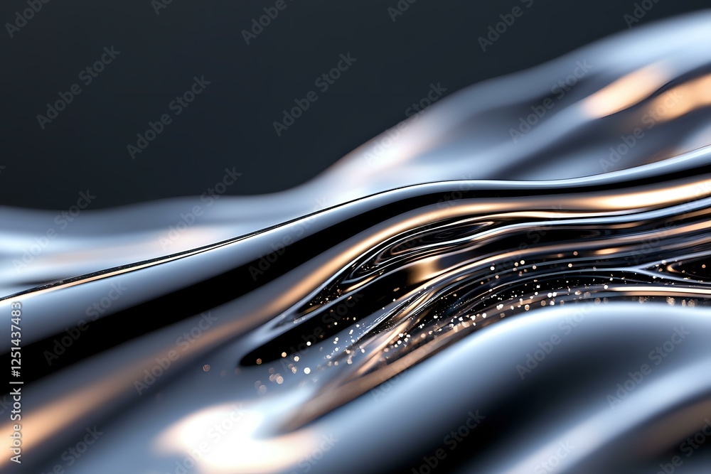 Poster elegant metallic waves with golden highlights flow across dark background creating dynamic abstract 