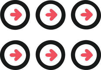 Minimalist design, right-pointing arrows, circular icons, black and white with red accents, symmetrical layout, repetitive pattern, clean graphic design, navigation symbols, user interface elements, s