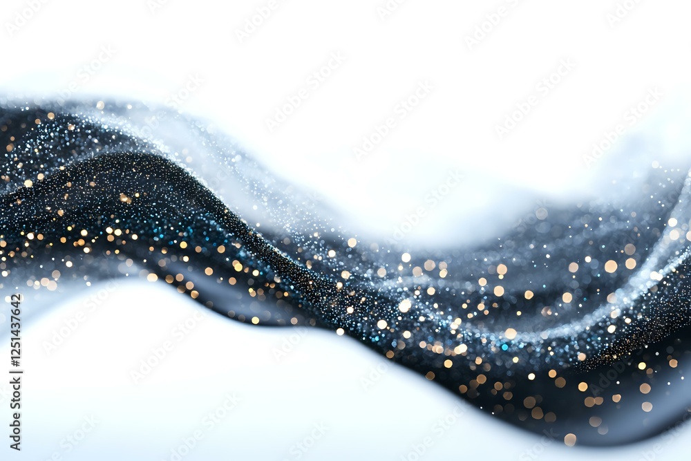 Poster abstract flowing waves in dark blue and white with golden glowing particles and bokeh lights creatin