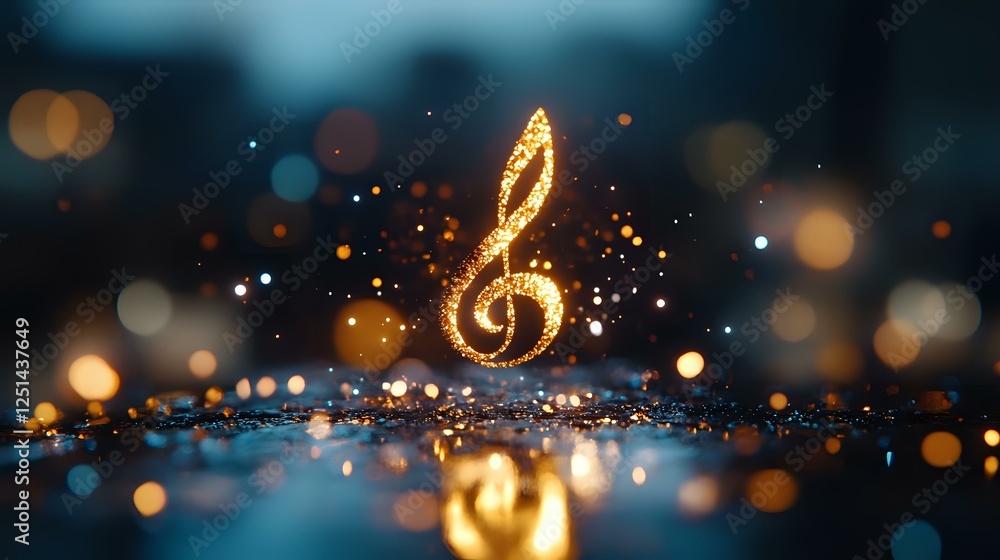 Poster glowing golden treble clef with magical sparkles floating over reflective surface against dark backg