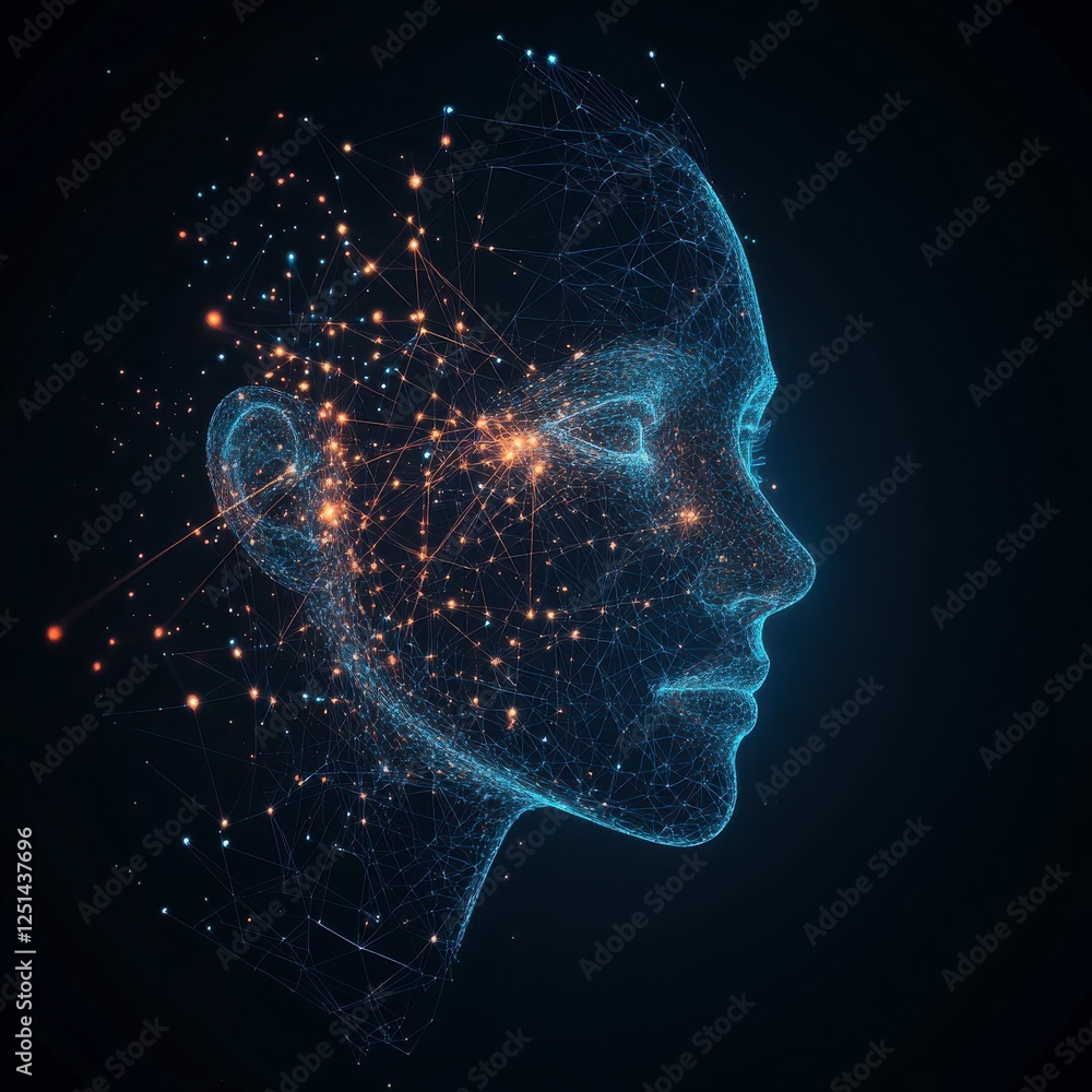 Aufkleber abstract digital profile of a person's face with glowing effects and lights in different colors and 