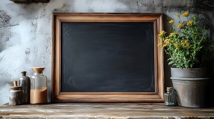 Vintage wooden framed chalkboard with a rustic farmhouse style arrangement of potted plants glass jars and bottles on a wooden table surface  The composition features a natural organic