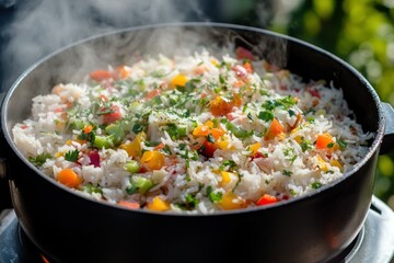 Freshly Cooked Colorful Vegetable Rice in Black Pot with Steam