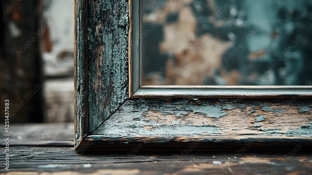 Poster weathered and abandoned wooden window frame with peeling paint and distressed textures grungy vintag