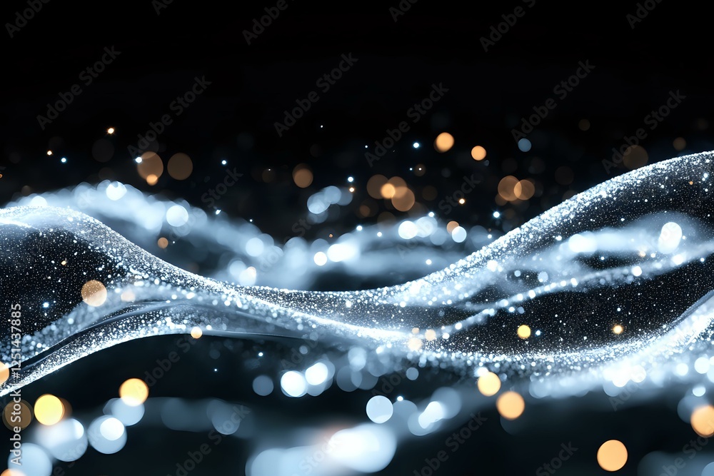 Poster abstract flowing waves of glowing particles and bokeh lights on dark background create magical atmos