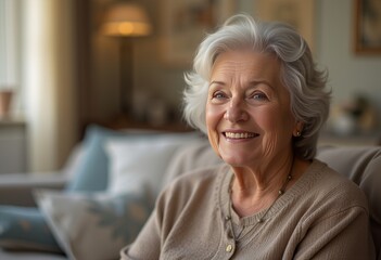 Elderly person with white hair and beige sweater with orange flowers, seated on a light chair in a cozy, well-lit room with a lamp and framed picture on the wall