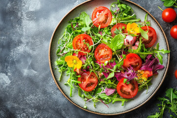 Plate of fresh salad with tomatoes, onions, and arugula.