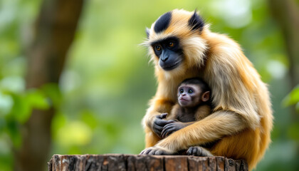 Obraz premium Tender Golden Gibbon Embracing Its Young on a Wooden Stump in Lush Green Habitat