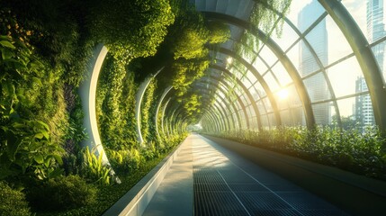 A long tunnel with plants growing on the walls