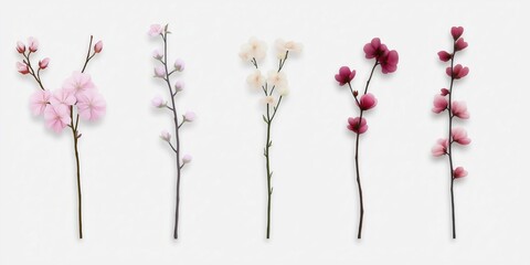 Five different types of flowers are shown in a row, with some being pink and others being white. The flowers are arranged in a way that creates a sense of harmony and balance