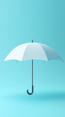 A white umbrella stands upright on a soft blue background, showcasing its clean lines and simplicity. The scene evokes a sense of calm and tranquility