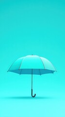 A vivid teal umbrella hangs in mid-air, contrasting against a smooth turquoise backdrop, creating a striking visual effect in a minimalist design