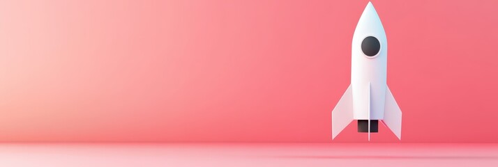 A sleek white rocket is positioned against a soft pink backdrop, symbolizing creativity and advancement. It represents exploration and the future of technology