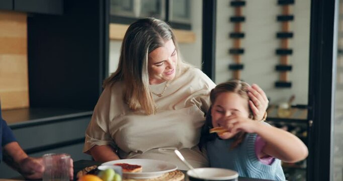 Mother, daughter and happy with hug in kitchen for stealing food, naughty and sneaky with breakfast. Sly, child and trick woman with embrace for taking bread, playful relationship and bonding in home