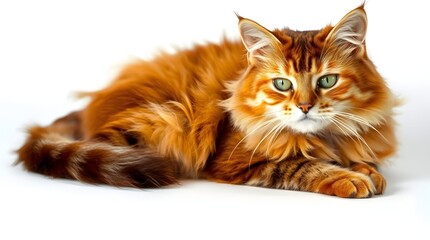 A cute, young tabby kitten, a domestic feline with fluffy red fur, looks at a white mouse