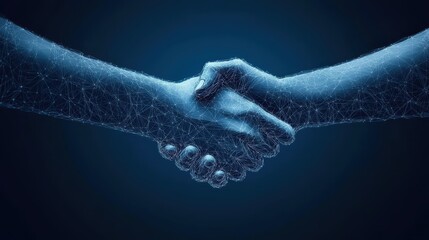Two hands are depicted in a digital style, connecting through a handshake. This artwork represents unity, collaboration, and the merging of technology with human interaction