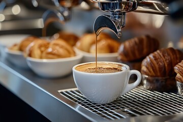 Espresso Preparation: A Close-up View of Coffee Brewing with Fresh Croissants