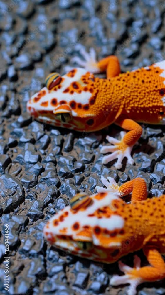 Poster three vibrant orange and white geckos resting closely together on a soft surface.