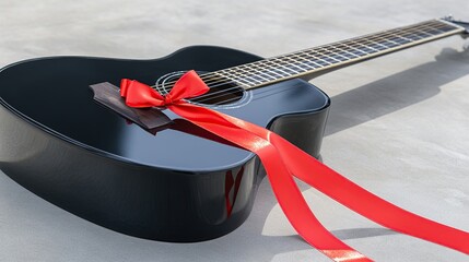 Black acoustic guitar gift, red ribbon, outdoor