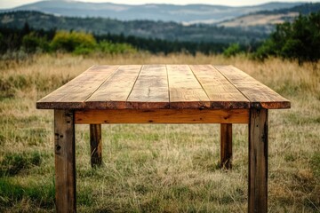 Fototapeta premium Rustic wooden table outdoors in a field with mountain view.