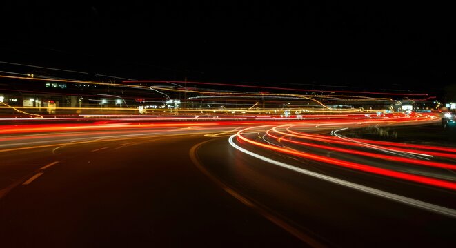 Night Road, Light Trails: Dynamic streaks of red and white light paint the curves of a nighttime road, creating an abstract image of motion and speed. The scene is mysterious and captivating. 