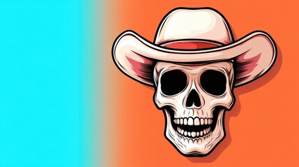 A striking illustration displays a skull wearing a wide-brimmed white cowboy hat. The backdrop features bold blue and orange colors, enhancing its artistic flair