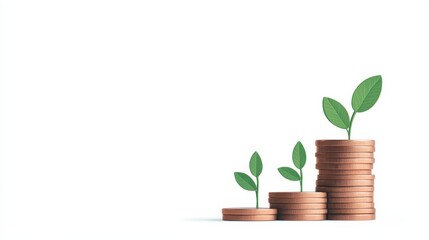 In a creative display, coins are stacked in ascending order with small green plants sprouting from the top, representing the connection between money and growth